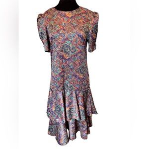 Jenny Petites Vintage 80s Hippie Psychedelic Boho Eclectic Tiered Ruffle Dress